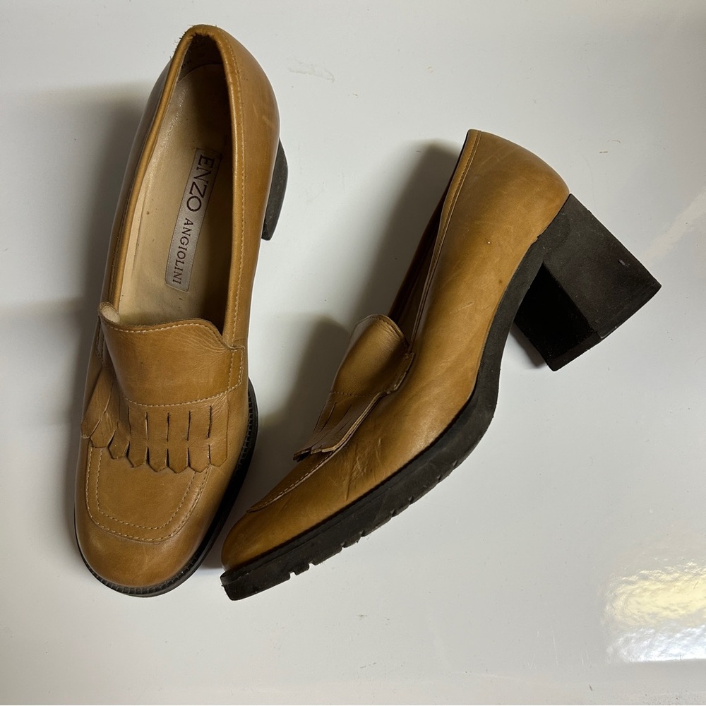Enzo Angiolini Tan Leather Block Heel Loafers - Picture 2 of 9